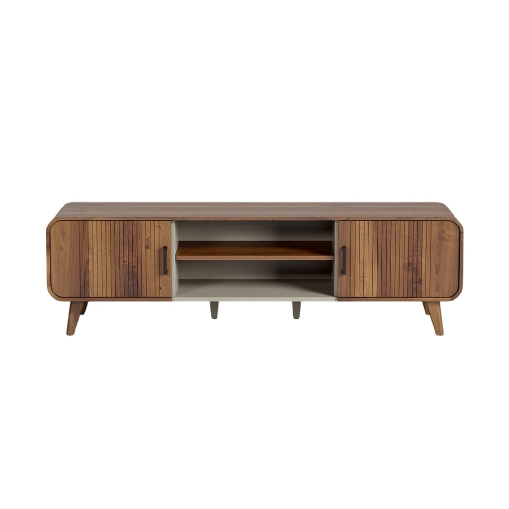 **Technische titel in het Nederlands: Minimalistische TV-kast met houten afwerking en open vakken**