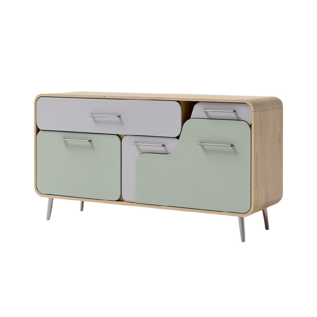 **Moderne ladekast met houtlook en pastelkleuren**