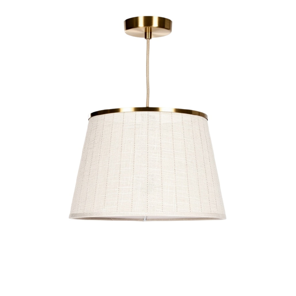 **Technische Titel in het Nederlands: Moderne Hanglamp met Strakke Witte Stoffen Kap en Gouden Accenten**