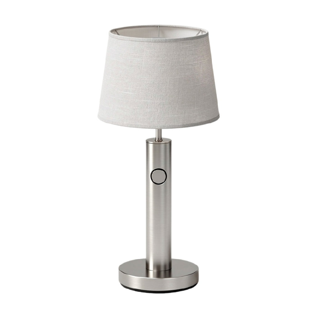 **Technische Titel in het Nederlands: Elegante Tafellamp met Stalen Basis en Textielen Lampenkap**