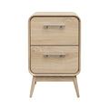 **Technische titel in het Nederlands: Minimalistische houten nachtkast met twee lades**