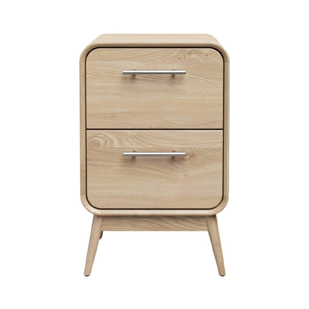 **Technische titel in het Nederlands: Minimalistische houten nachtkast met twee lades**